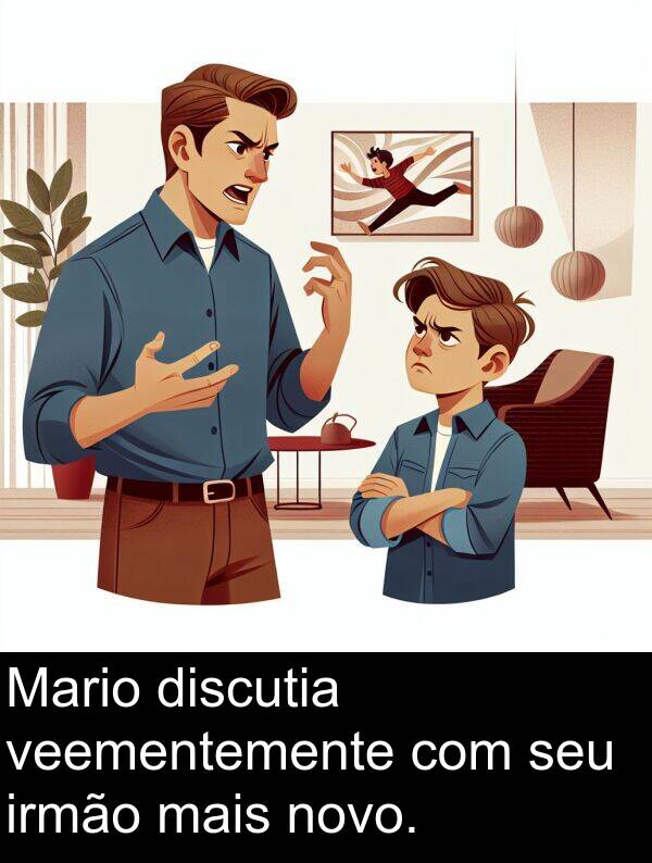 veementemente: Mario discutia veementemente com seu irmão mais novo.