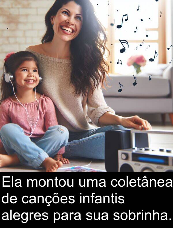 montou: Ela montou uma coletânea de canções infantis alegres para sua sobrinha.