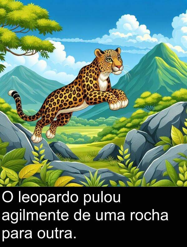rocha: O leopardo pulou agilmente de uma rocha para outra.
