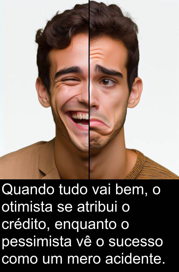 vai: Quando tudo vai bem, o otimista se atribui o crédito, enquanto o pessimista vê o sucesso como um mero acidente.