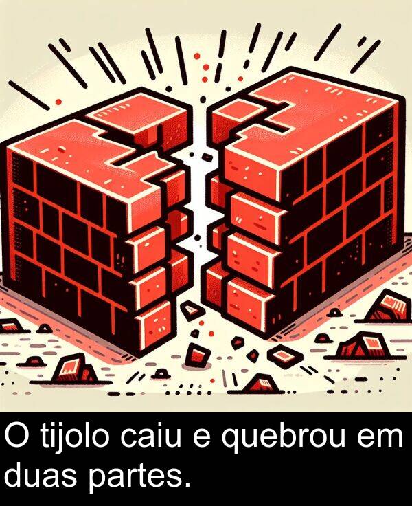 caiu: O tijolo caiu e quebrou em duas partes.