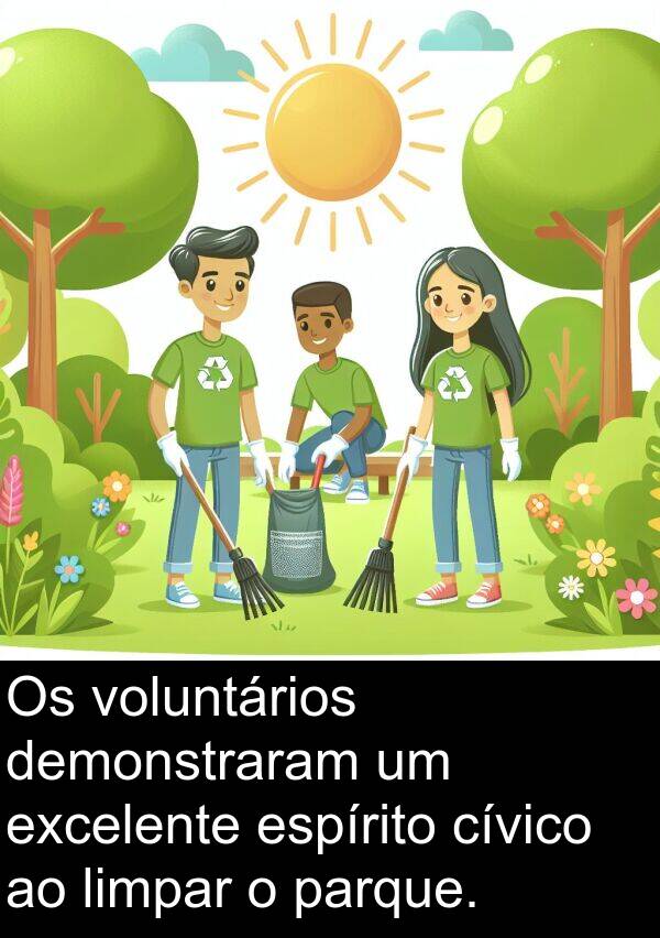 voluntários: Os voluntários demonstraram um excelente espírito cívico ao limpar o parque.
