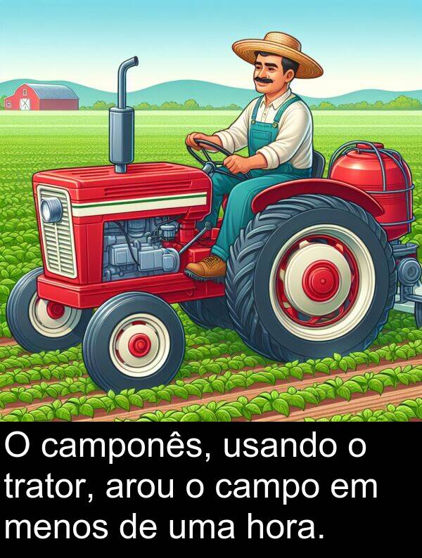 camponês: O camponês, usando o trator, arou o campo em menos de uma hora.