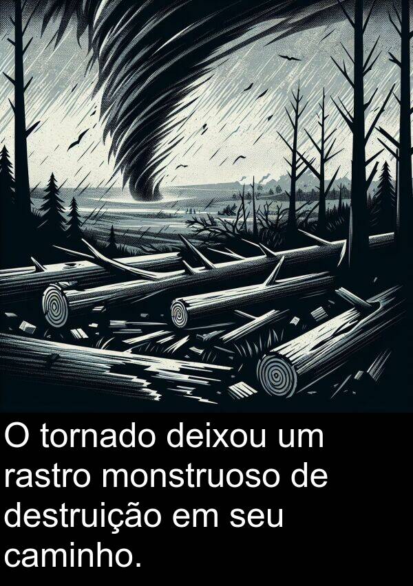 rastro: O tornado deixou um rastro monstruoso de destruição em seu caminho.