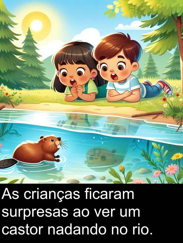 ver: As crianças ficaram surpresas ao ver um castor nadando no rio.