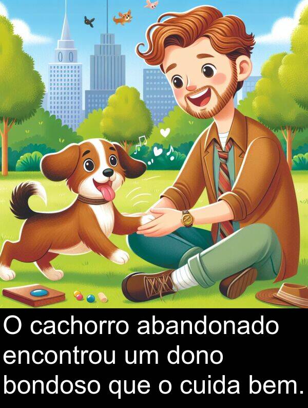 abandonado: O cachorro abandonado encontrou um dono bondoso que o cuida bem.