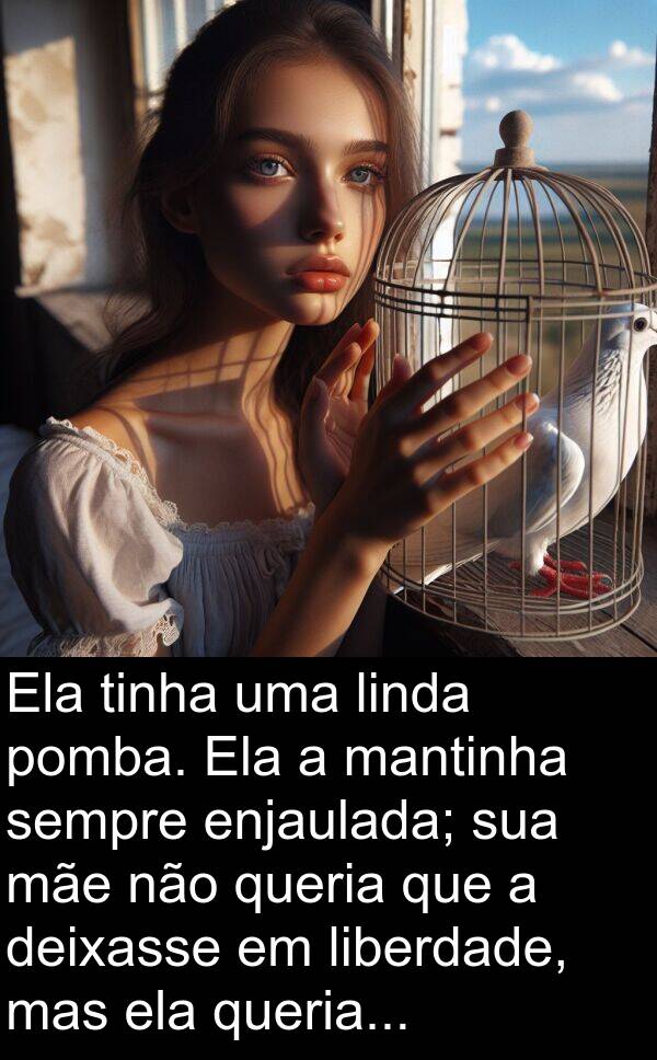 mantinha: Ela tinha uma linda pomba. Ela a mantinha sempre enjaulada; sua mãe não queria que a deixasse em liberdade, mas ela queria...