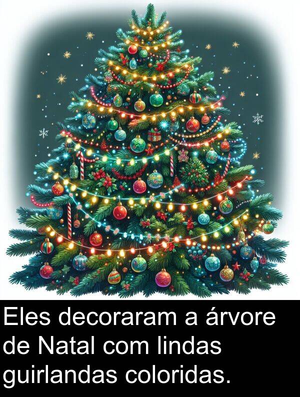 coloridas: Eles decoraram a árvore de Natal com lindas guirlandas coloridas.