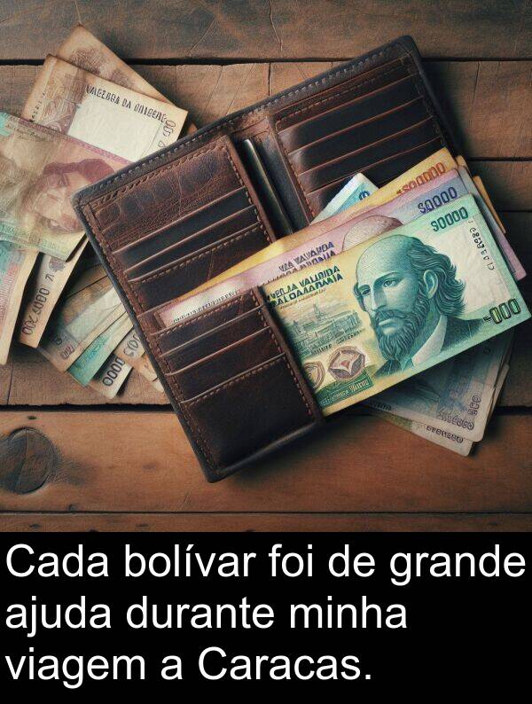 ajuda: Cada bolívar foi de grande ajuda durante minha viagem a Caracas.