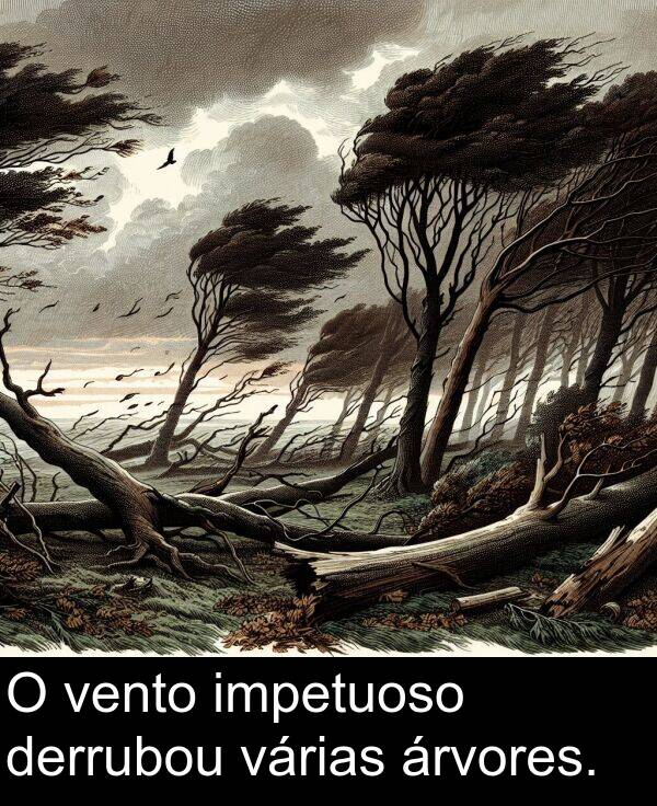 vento: O vento impetuoso derrubou várias árvores.