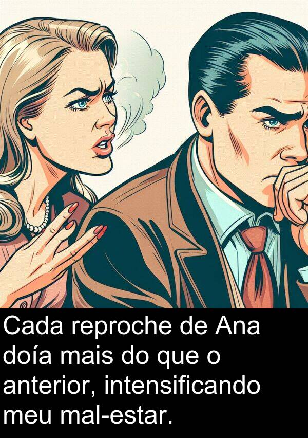 reproche: Cada reproche de Ana doía mais do que o anterior, intensificando meu mal-estar.
