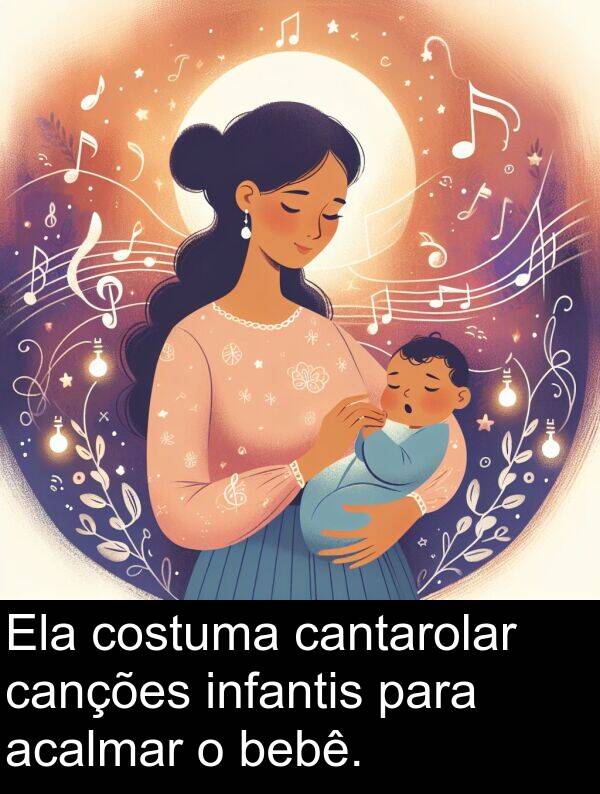 acalmar: Ela costuma cantarolar canções infantis para acalmar o bebê.