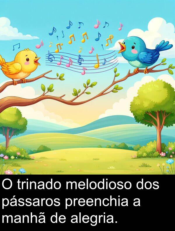 alegria: O trinado melodioso dos pássaros preenchia a manhã de alegria.