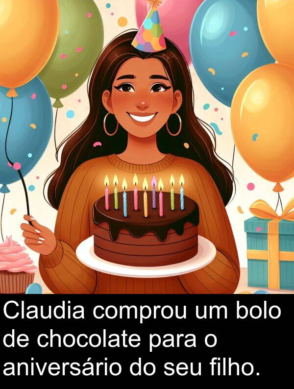 aniversário: Claudia comprou um bolo de chocolate para o aniversário do seu filho.