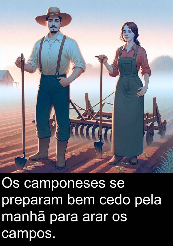 manhã: Os camponeses se preparam bem cedo pela manhã para arar os campos.