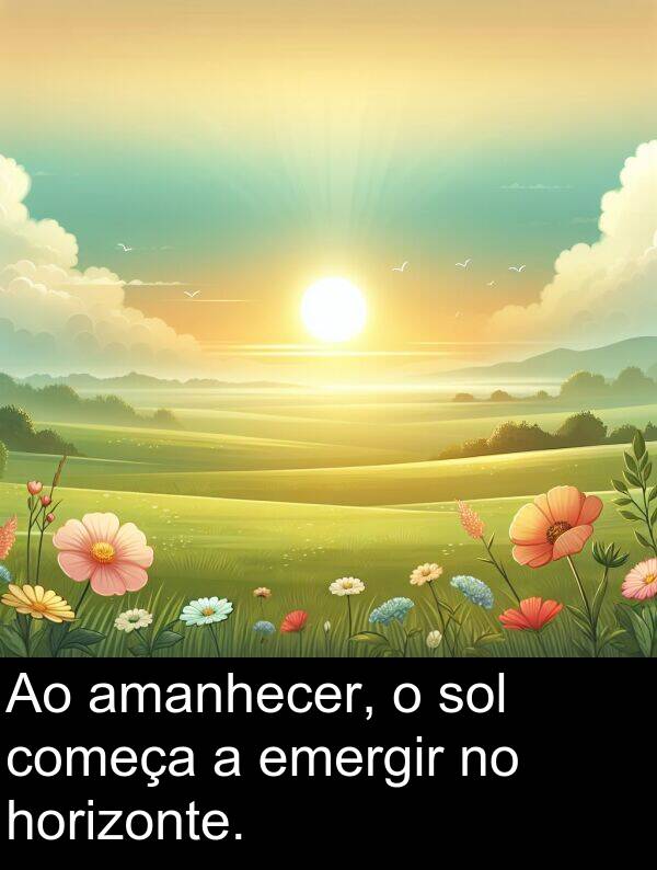 começa: Ao amanhecer, o sol começa a emergir no horizonte.