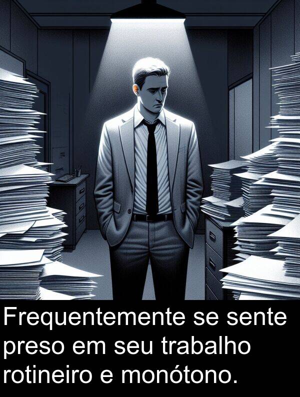 preso: Frequentemente se sente preso em seu trabalho rotineiro e monótono.