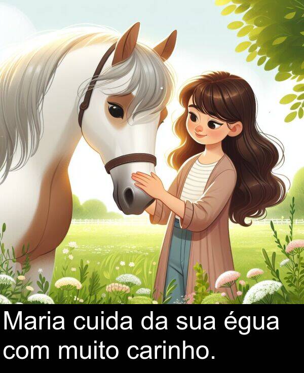 sua: Maria cuida da sua égua com muito carinho.