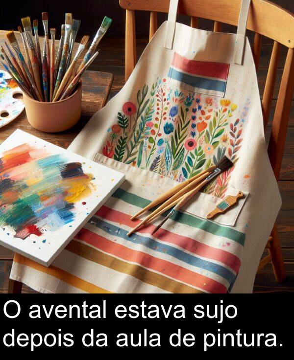 avental: O avental estava sujo depois da aula de pintura.