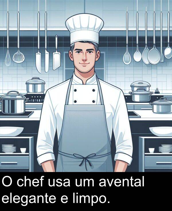 avental: O chef usa um avental elegante e limpo.
