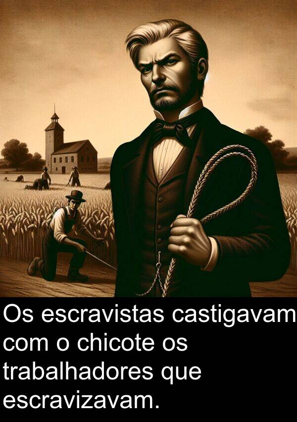 castigavam: Os escravistas castigavam com o chicote os trabalhadores que escravizavam.