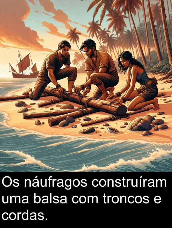náufragos: Os náufragos construíram uma balsa com troncos e cordas.