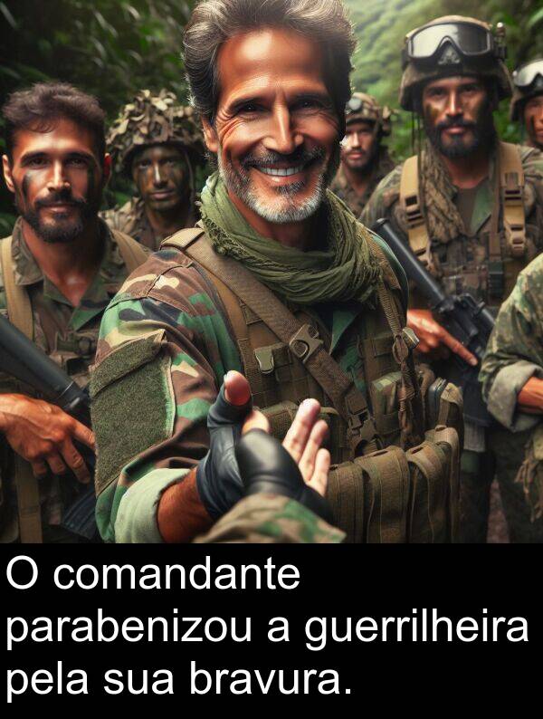 parabenizou: O comandante parabenizou a guerrilheira pela sua bravura.