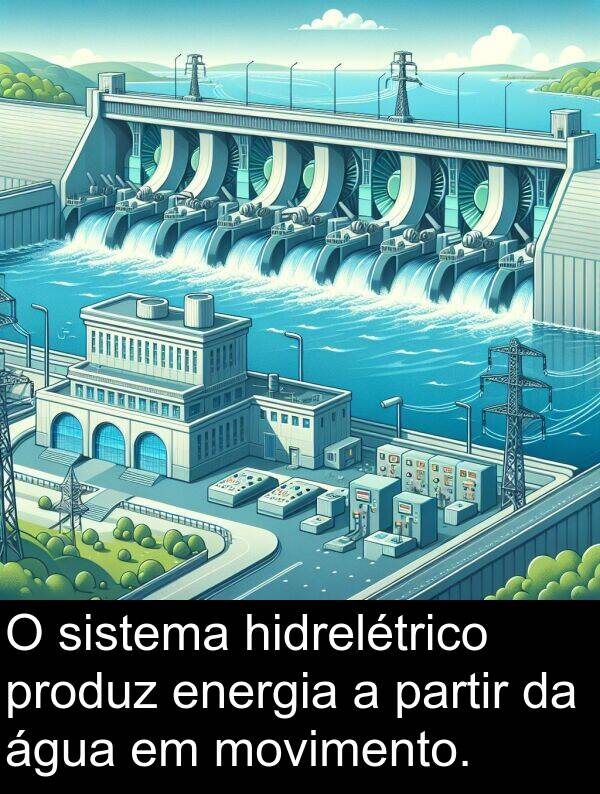 movimento: O sistema hidrelétrico produz energia a partir da água em movimento.