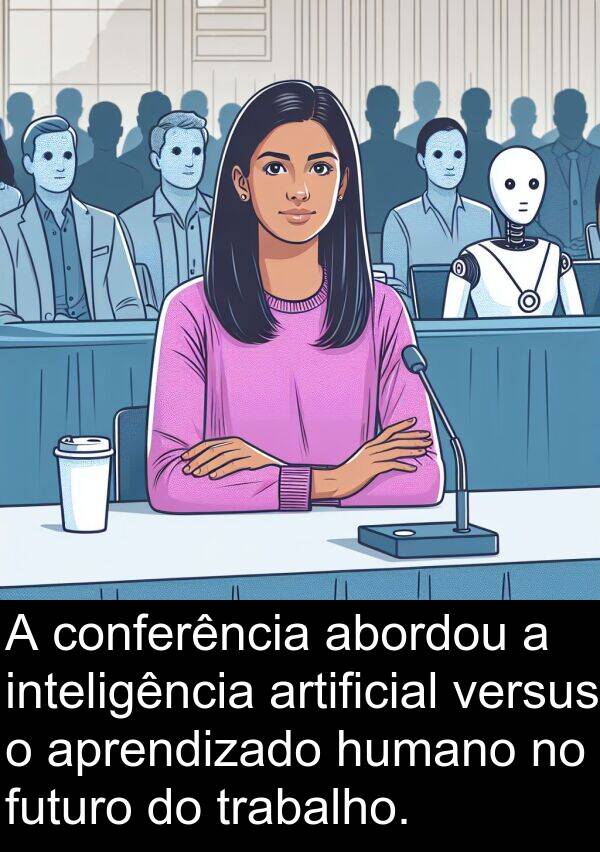 abordou: A conferência abordou a inteligência artificial versus o aprendizado humano no futuro do trabalho.