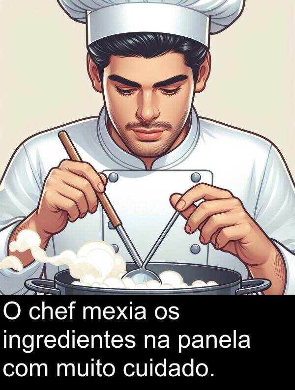 panela: O chef mexia os ingredientes na panela com muito cuidado.
