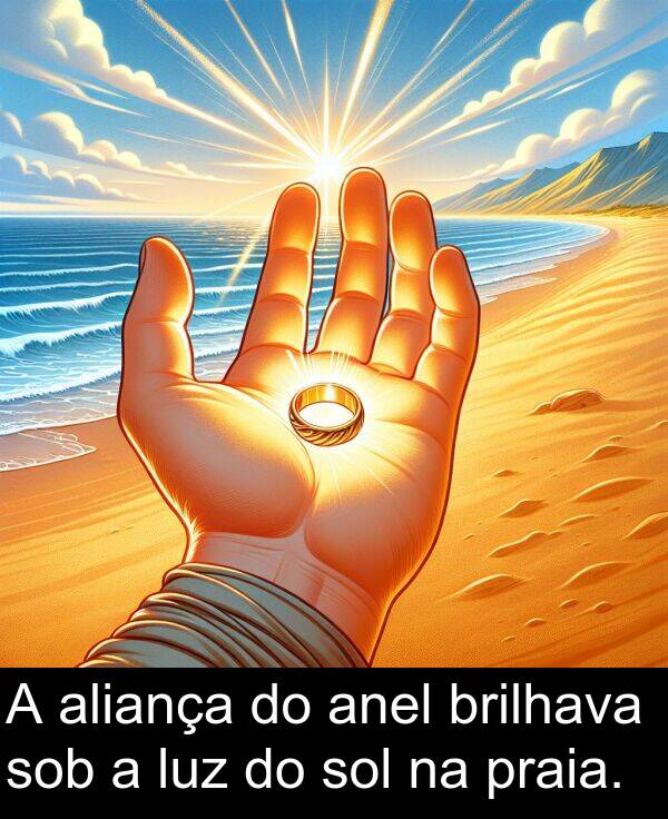 sob: A aliança do anel brilhava sob a luz do sol na praia.