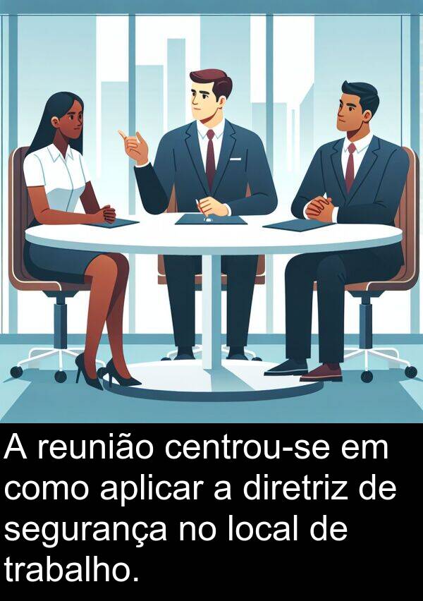 aplicar: A reunião centrou-se em como aplicar a diretriz de segurança no local de trabalho.