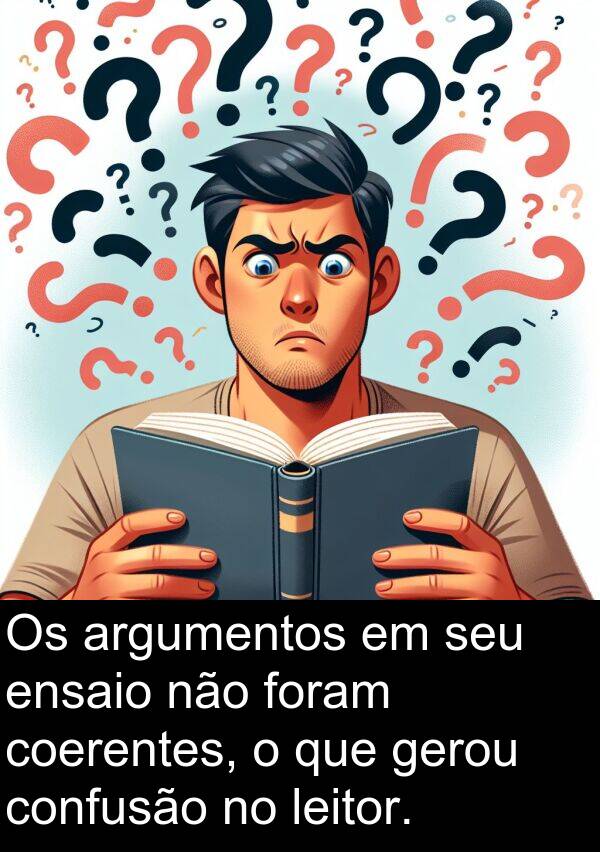 argumentos: Os argumentos em seu ensaio não foram coerentes, o que gerou confusão no leitor.