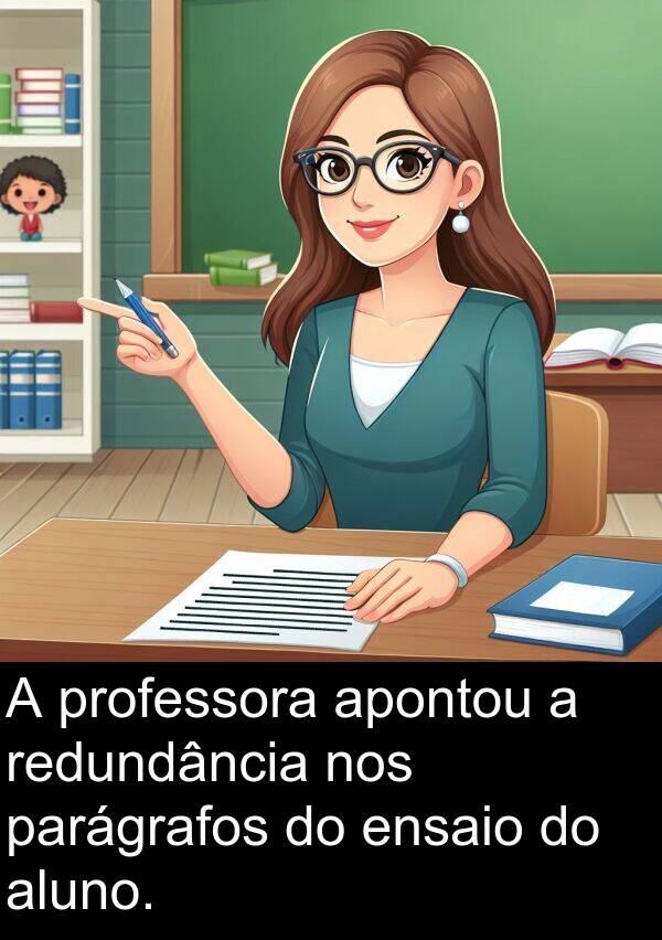 parágrafos: A professora apontou a redundância nos parágrafos do ensaio do aluno.