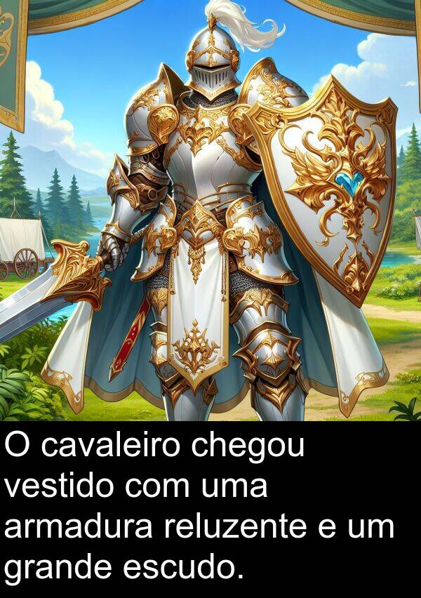 armadura: O cavaleiro chegou vestido com uma armadura reluzente e um grande escudo.