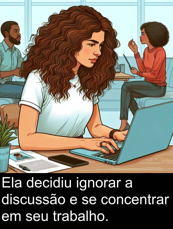 decidiu: Ela decidiu ignorar a discussão e se concentrar em seu trabalho.