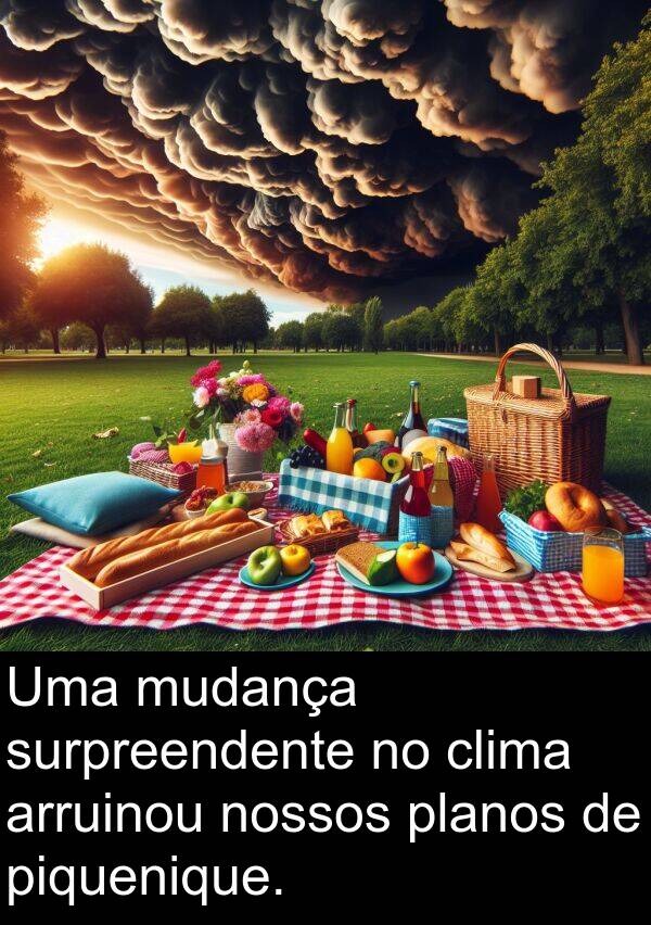 arruinou: Uma mudança surpreendente no clima arruinou nossos planos de piquenique.