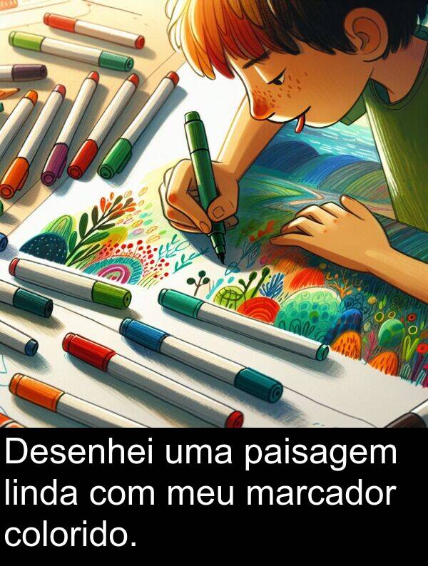 marcador: Desenhei uma paisagem linda com meu marcador colorido.