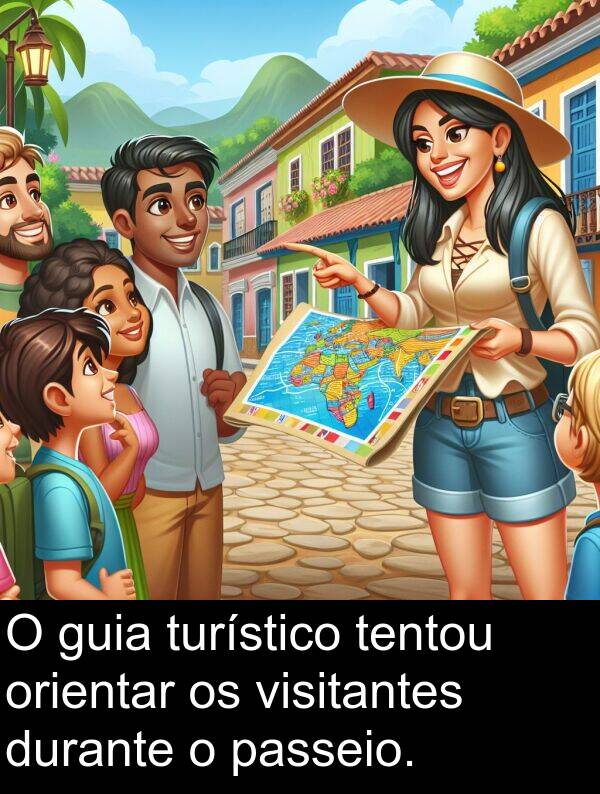 orientar: O guia turístico tentou orientar os visitantes durante o passeio.