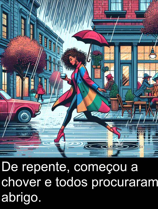 todos: De repente, começou a chover e todos procuraram abrigo.