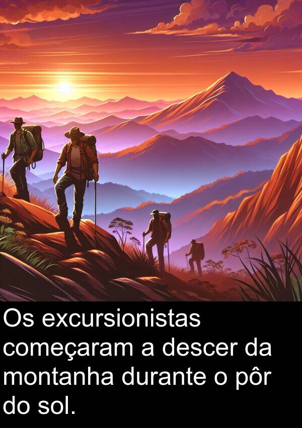 descer: Os excursionistas começaram a descer da montanha durante o pôr do sol.