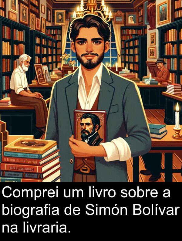 livraria: Comprei um livro sobre a biografia de Simón Bolívar na livraria.