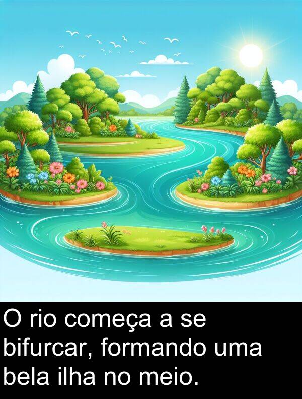 começa: O rio começa a se bifurcar, formando uma bela ilha no meio.