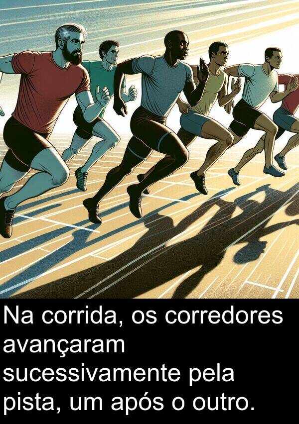 após: Na corrida, os corredores avançaram sucessivamente pela pista, um após o outro.