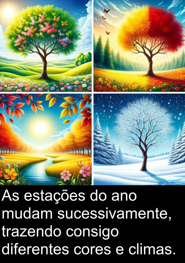consigo: As estações do ano mudam sucessivamente, trazendo consigo diferentes cores e climas.
