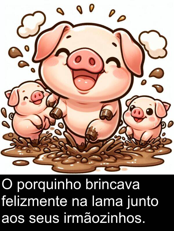 junto: O porquinho brincava felizmente na lama junto aos seus irmãozinhos.