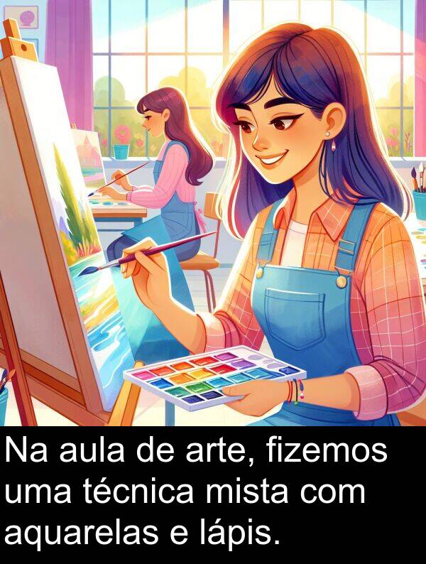 aquarelas: Na aula de arte, fizemos uma técnica mista com aquarelas e lápis.