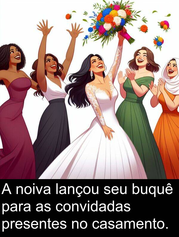 lançou: A noiva lançou seu buquê para as convidadas presentes no casamento.