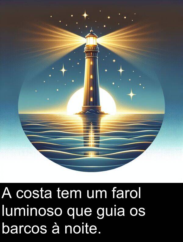farol: A costa tem um farol luminoso que guia os barcos à noite.
