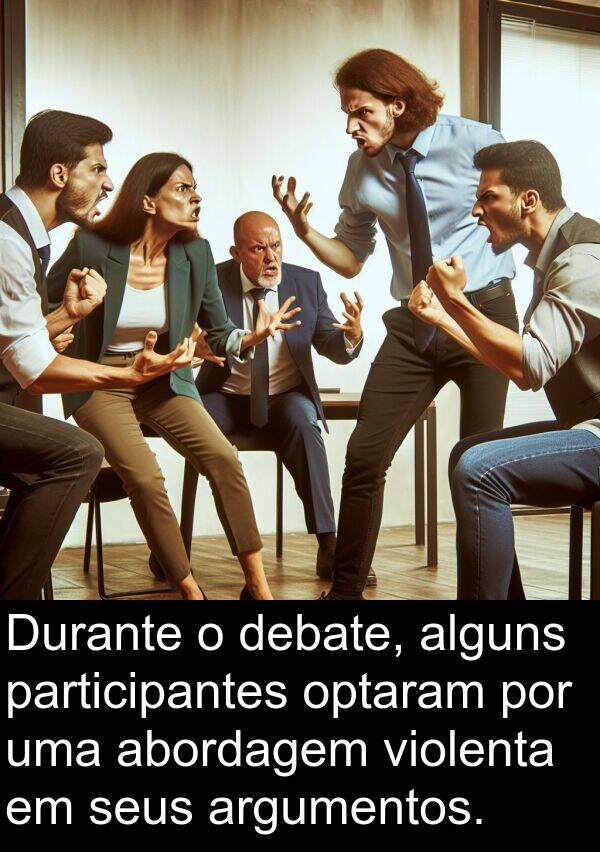 abordagem: Durante o debate, alguns participantes optaram por uma abordagem violenta em seus argumentos.